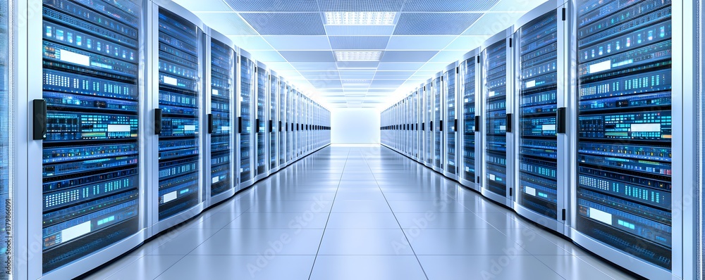 Poster a long corridor of high-tech server racks in a pristine data center, with a clear, minimalist backgr