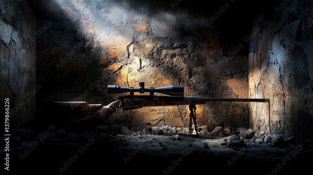 Aufkleber sniper rifle displayed in abandoned structure dark environment artistic composition evocative mood
