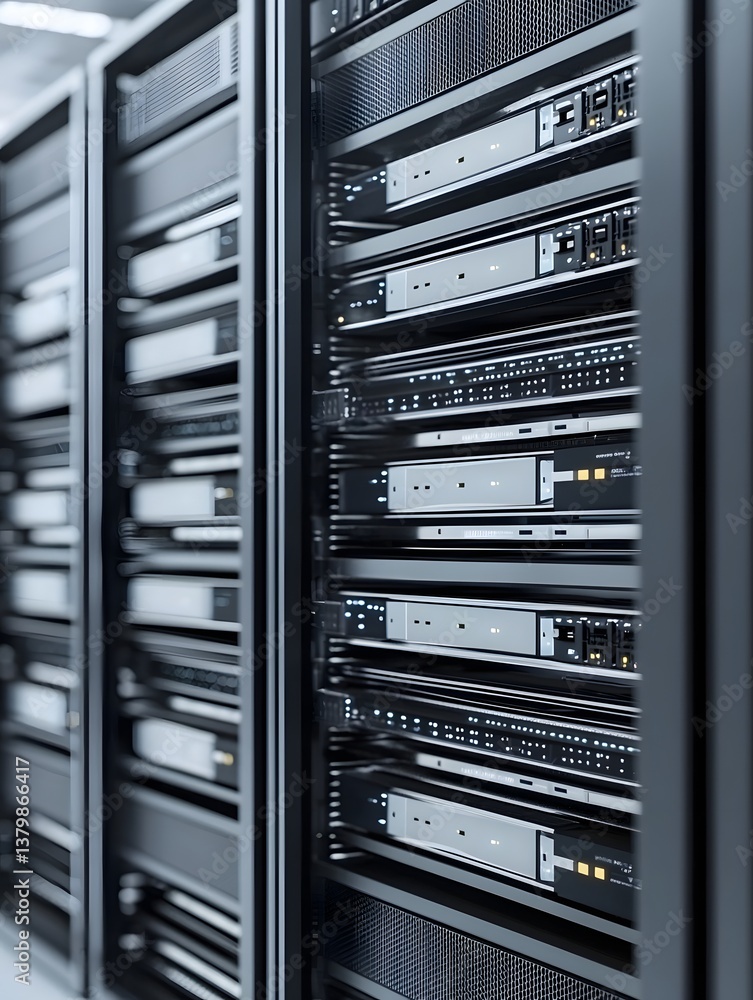 Poster high-tech servers stacked in rows in a cutting-edge data center, with a background that offers clear