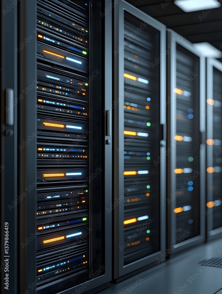 Poster high-tech servers stacked in rows in a cutting-edge data center, with a background that offers clear
