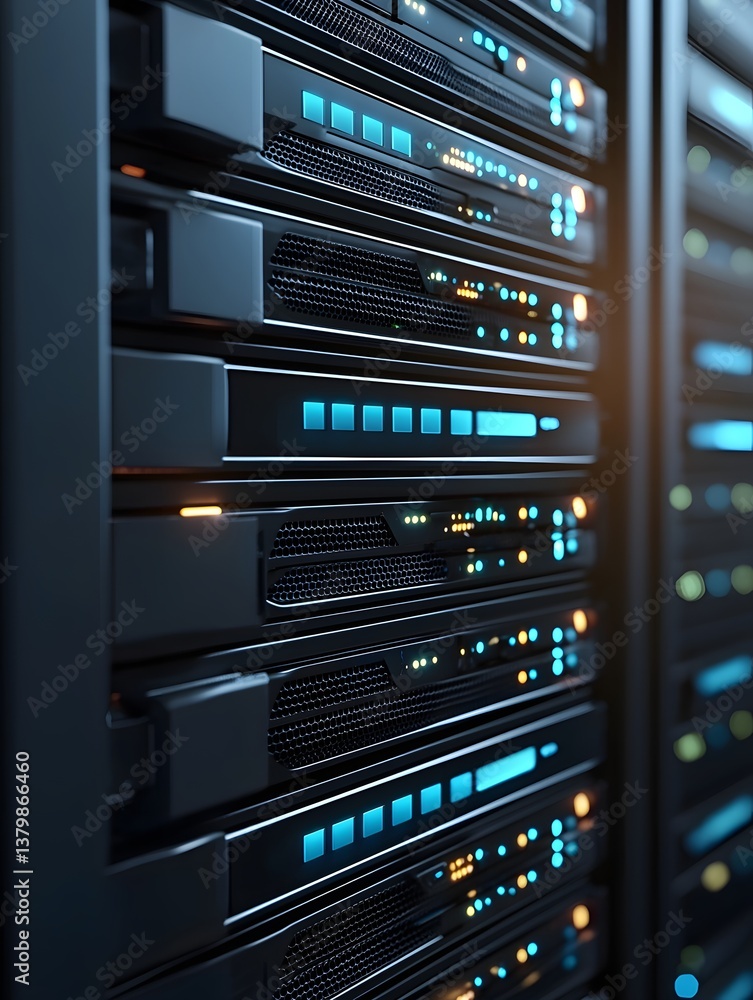 Poster high-tech servers stacked in rows in a cutting-edge data center, with a background that offers clear