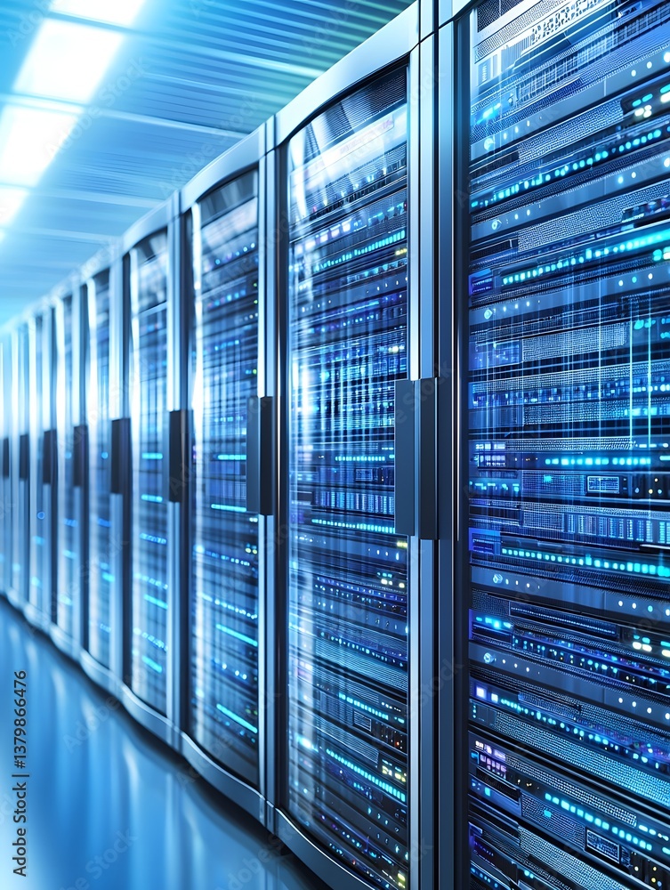 Poster high-tech servers stacked in rows in a cutting-edge data center, with a background that offers clear