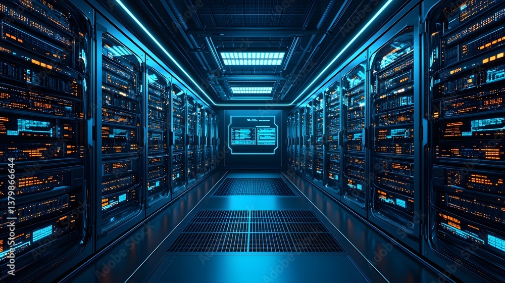 Poster a futuristic data center control room with sleek servers and screens displaying network activity, de