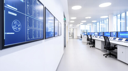 modern control room featuring multiple screens displaying data and analytics, with sleek design and bright lighting, creating high tech atmosphere