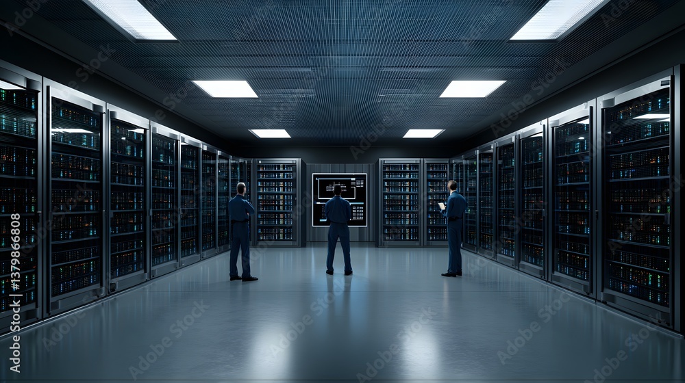 Poster a futuristic data center control room with sleek servers and screens displaying network activity, de