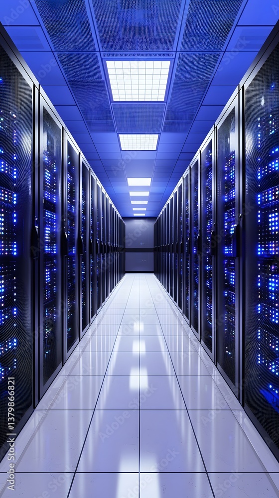 Poster a wide-angle view of a high-tech data center filled with modern servers and advanced cooling systems