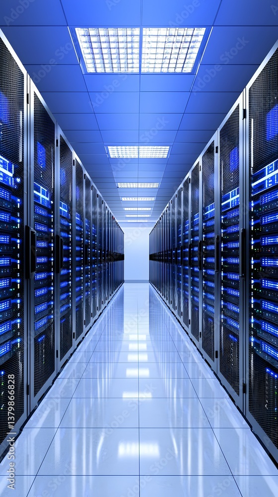 Poster a wide-angle view of a high-tech data center filled with modern servers and advanced cooling systems