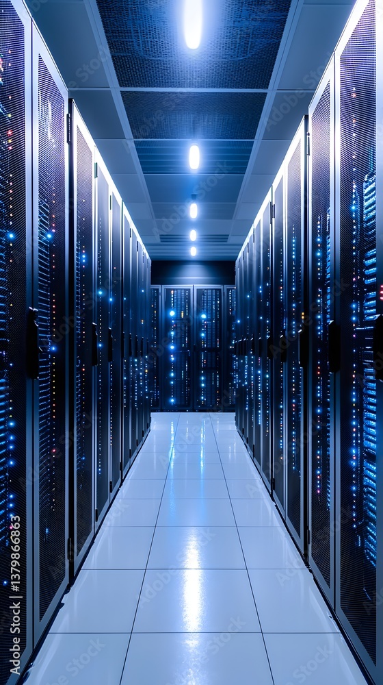 Poster a wide-angle view of a high-tech data center filled with modern servers and advanced cooling systems