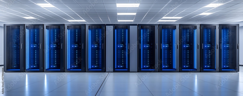 Poster rows of servers in a highly secure data center, highlighted by glowing blue leds and clean, minimali
