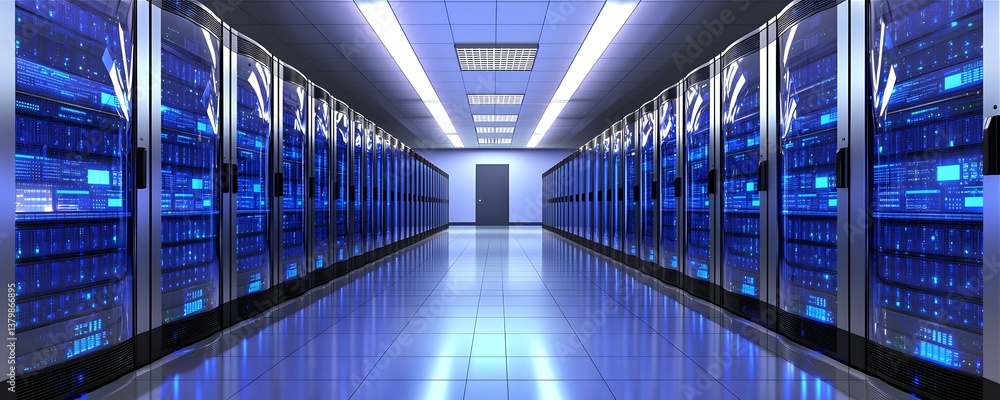Poster rows of servers in a highly secure data center, highlighted by glowing blue leds and clean, minimali