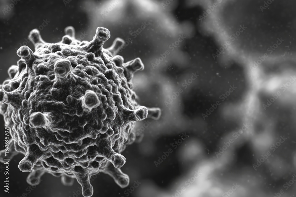 Poster a close up of a virus with a fuzzy texture. the virus is surrounded by a blurry background