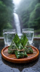 Tranquil Rain Zongzi and Waterfall Serenity
