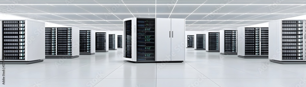 Poster a data center filled with high-performance servers and networking equipment, with clean lines and a 