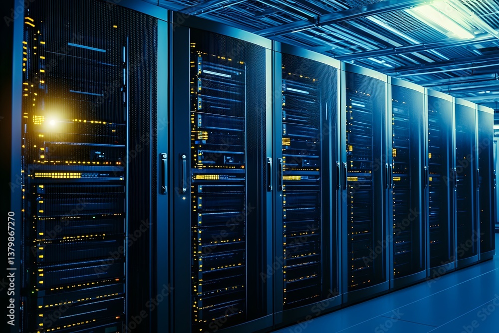 Poster a modern data center with streamlined server racks and advanced cooling systems, designed with copy 