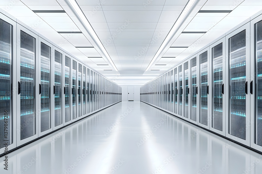 Poster a modern data center with streamlined server racks and advanced cooling systems, designed with copy 