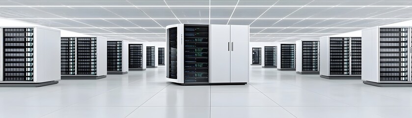 A data center filled with high-performance servers and networking equipment, with clean lines and a spacious background ideal for adding copy space.
