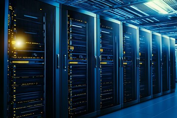 A modern data center with streamlined server racks and advanced cooling systems, designed with copy space for branding or text overlay.
