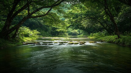 Naklejka premium Serene River Flowing Through Lush Green Forest