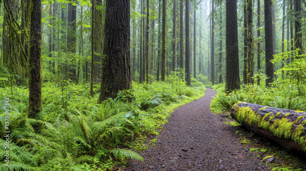 Poster tranquil forest path surrounded by tall trees and lush greenery, inviting exploration and sense of p