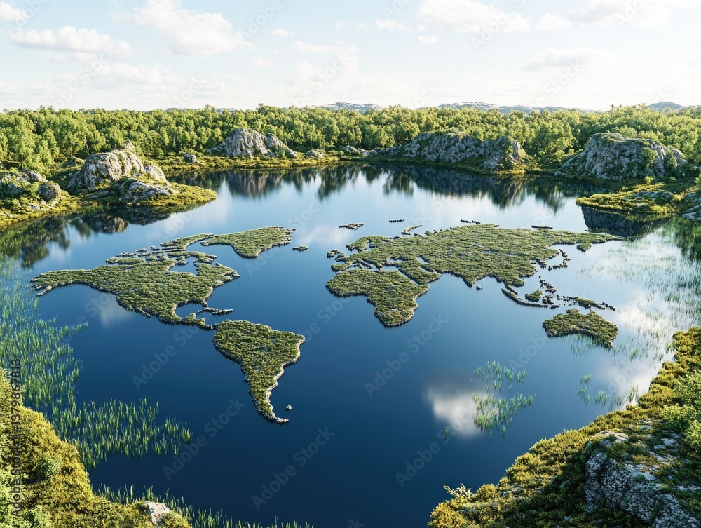 Poster a lake with a green world map floating on top of it. the lake is surrounded by trees and rocks