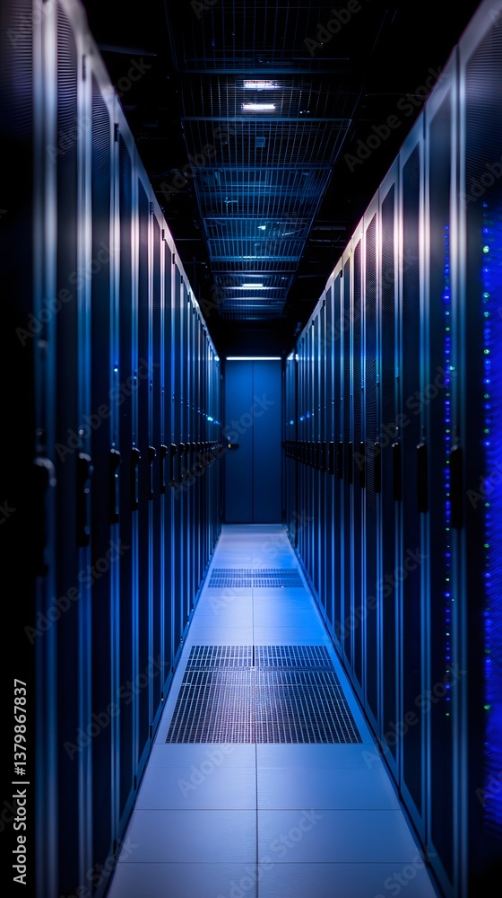Poster a long hallway in a data center filled with neatly organized servers, providing a sleek and futurist