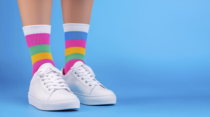 Stylish white sneakers paired with colorful striped socks against vibrant blue background create fun and playful vibe