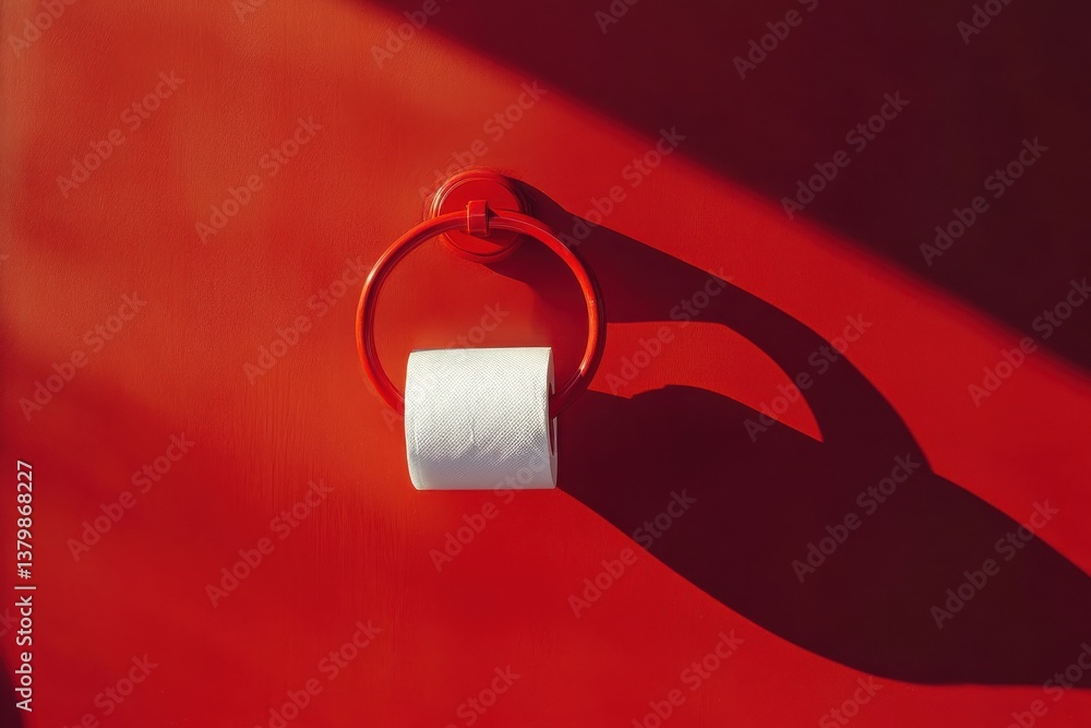 Aufkleber bright red wall features a simple toilet paper roll hanging in a circular holder casting a shadow in