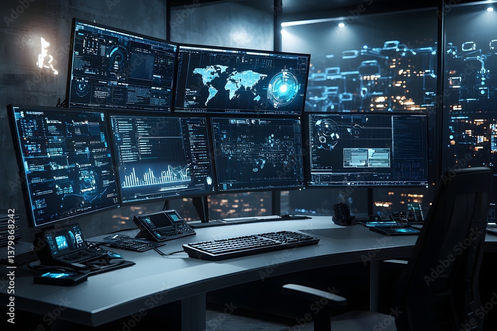 Poster a futuristic control room within a data center, featuring high-tech servers and digital displays, of