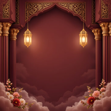 Crimson Arabesque Archway with Glowing Lanterns and Floral Accents