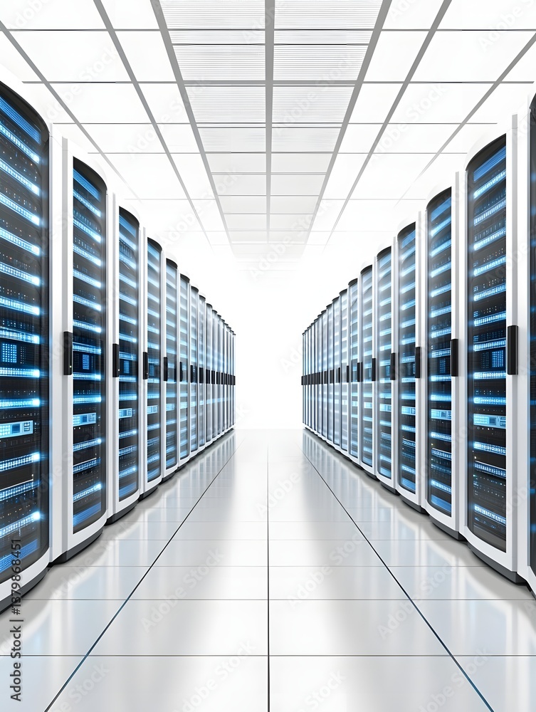 Poster a sleek, well-lit data center with towering server racks, allowing for extensive copy space to add t