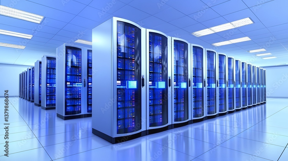 Poster high-tech data center with sleek futuristic design, rows of glowing servers, advanced cooling system