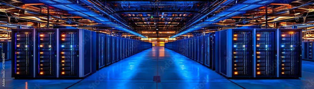 Poster spacious high-tech data center with hyper-efficient server racks, energy-saving systems, and cyberse