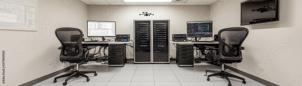 Poster spacious high-tech data center with hyper-efficient server racks, energy-saving systems, and cyberse