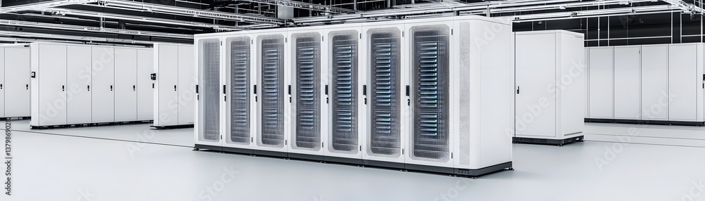 Poster spacious high-tech data center with hyper-efficient server racks, energy-saving systems, and cyberse