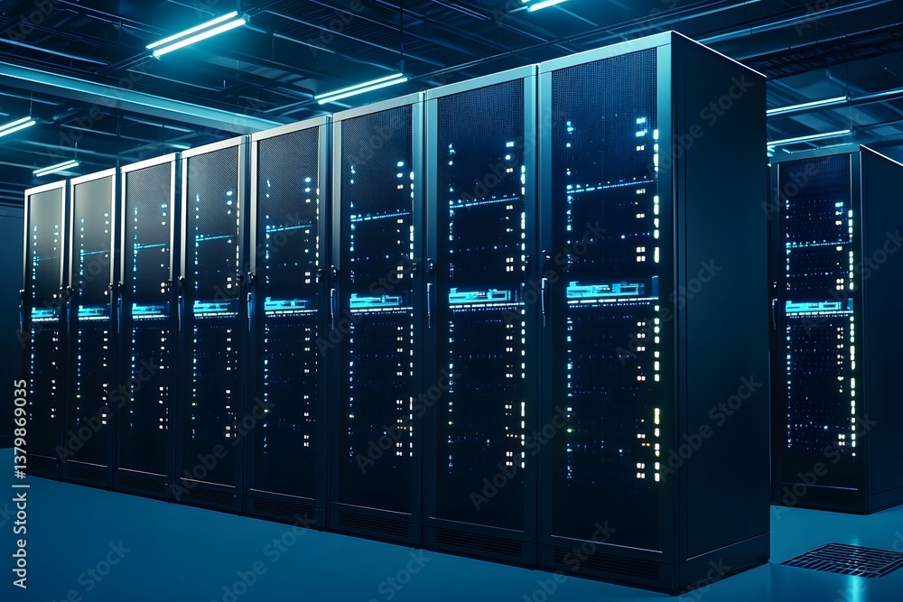 Poster a state-of-the-art data center with rows of led-lit servers, advanced liquid cooling technology, and