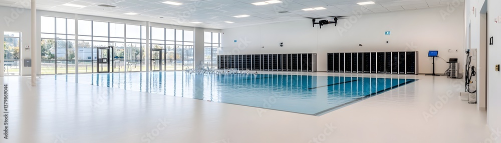 Poster spacious high-tech data center with hyper-efficient server racks, energy-saving systems, and cyberse