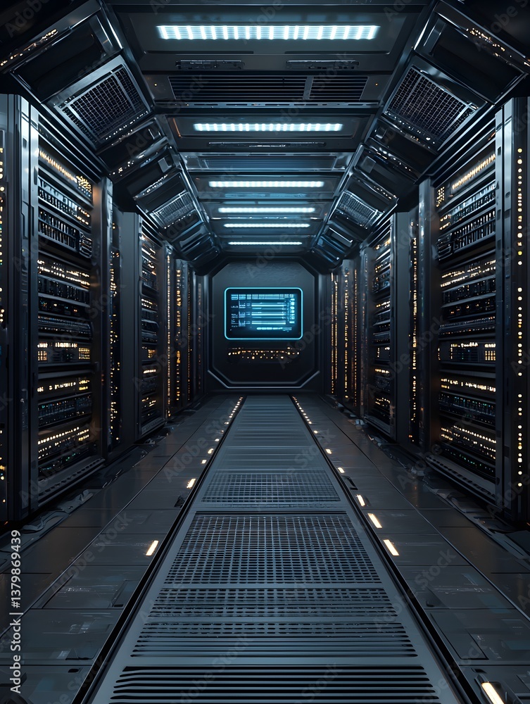 Poster a futuristic cloud computing data center with endless rows of servers, holographic user interfaces, 