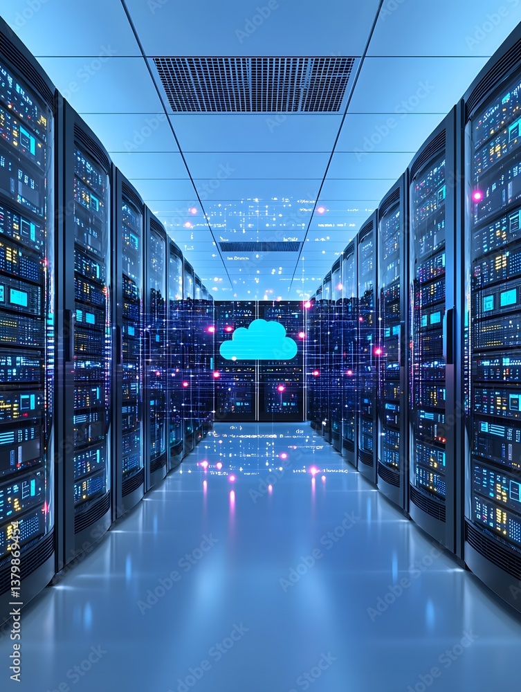 Poster a futuristic cloud computing data center with endless rows of servers, holographic user interfaces, 