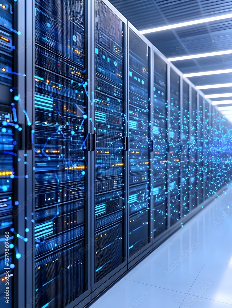 Poster a futuristic cloud computing data center with endless rows of servers, holographic user interfaces, 