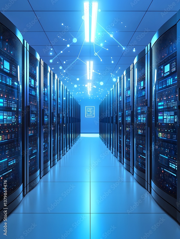 Poster a futuristic cloud computing data center with endless rows of servers, holographic user interfaces, 