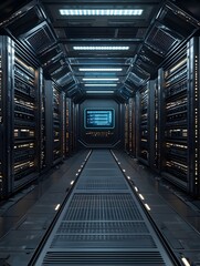 A futuristic cloud computing data center with endless rows of servers, holographic user interfaces, and a sterile, organized environment