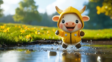 Cute Cartoon Cow Character in Yellow Raincoat Enjoying a Rainy Day