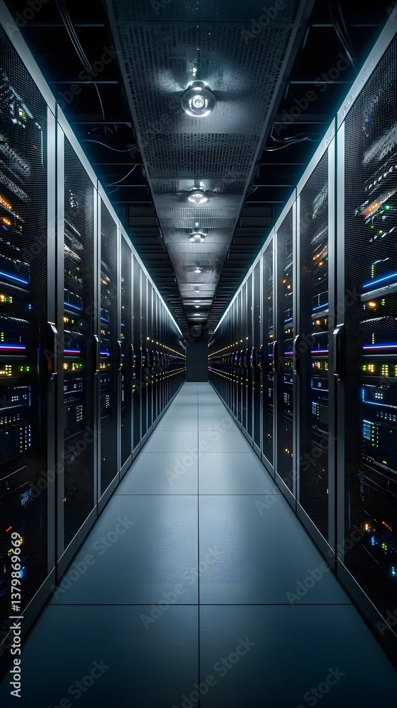 Poster advanced high-security data center featuring quantum encryption, smart ventilation systems, and deep