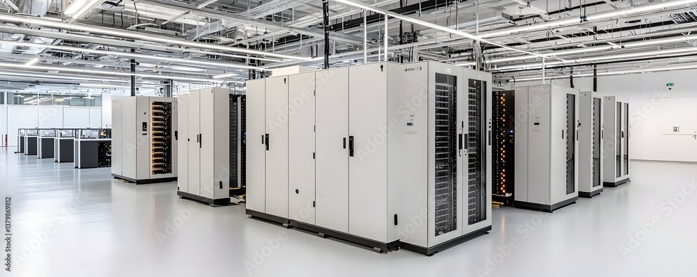 Poster futuristic data hub with ultra-fast networking hardware, temperature-controlled racks, and autonomou