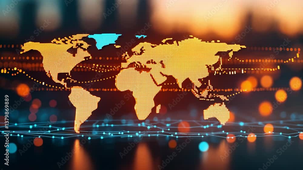 Poster digital world map showcasing glowing dots and lines, highlighting technology and global connectivity