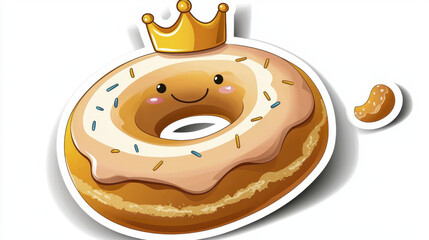 Cute donut with crown, smiling face, and colorful sprinkles, perfect for stickers or fun designs
