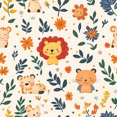 Adorable seamless pattern featu cute cartoon animals like lions and leopards amongst vibrant flowers and leaves perfect for textile design wallpaper or children's products