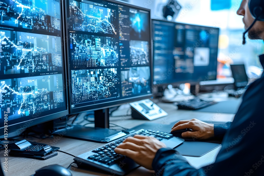 Poster sophisticated data center with cybersecurity protocols, biometric scanners at every door, and advanc