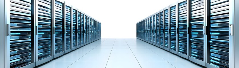 A sleek, energy-efficient data center with silent cooling systems, LED indicator lights on servers, and a spotless, modern layout