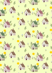 Cute vector seamless pattern houses light background